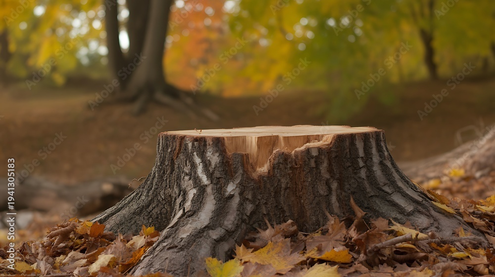Obraz premium Tree stump in autumn forest with fallen leaves