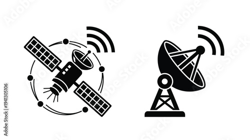 Satellite and radar dish icons in a minimalist black silhouette