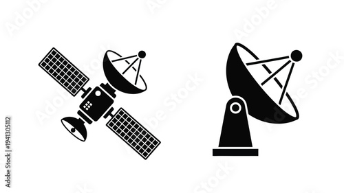 Two black satellite icons one with solar panels a distinct silhouette