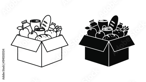 Box of groceries shown in contrasting black and white a silhouette
