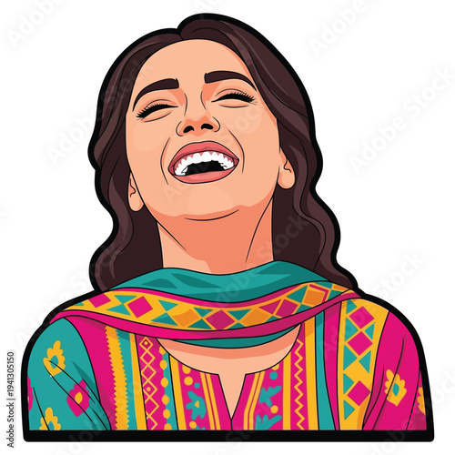 Cheerful young woman laughing loudly wearing vibrant patterned south asian dupatta and kameez