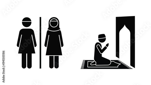 Muslim family praying together a simple black graphic silhouette