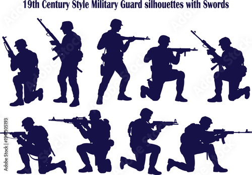 Silhouettes of military guards from the 19th century era holding their rifles and swords