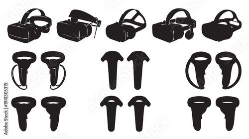 Virtual Reality Headsets and Controllers in Minimalist Silhouette Design on White Background for Tech Advertising