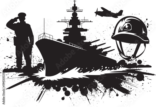 Striking military silhouette featuring a soldier, a powerful warship, a vintage airplane, and a helmet