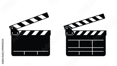 Two black film clapperboards displayed against a white background silhouette