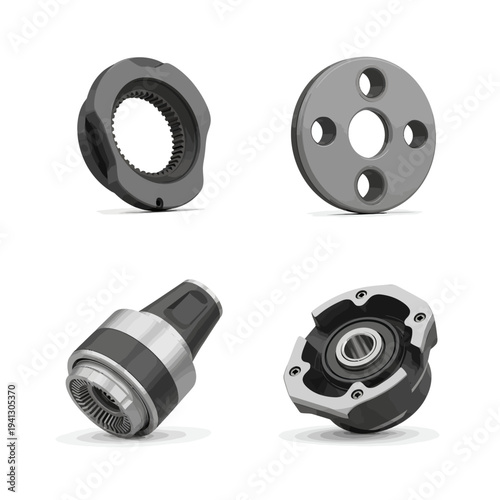 Set of Four Industrial Mechanical Components on White Background.
