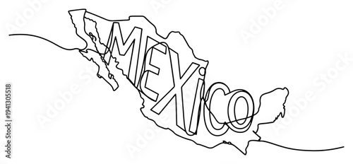 Single continuous line drawing of Mexico map silhouette featuring the country name typography