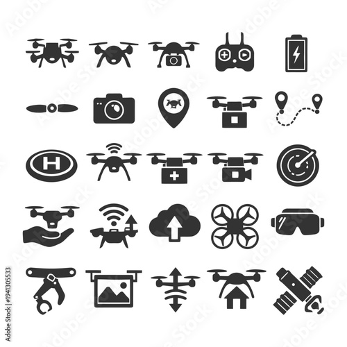 Drone icons set: remote control, gps, vr, propellers, camera, battery.