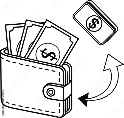 Wallet with Cash and Digital Money Transfer – Mobile Payment and Fintech Line Vector Icon