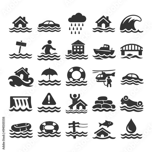 Flood disaster icons set: transportation, weather, warning, emergency, rescue.
