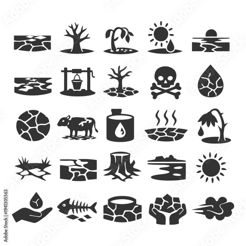 Silhouette icons of environmental degradation and pollution.