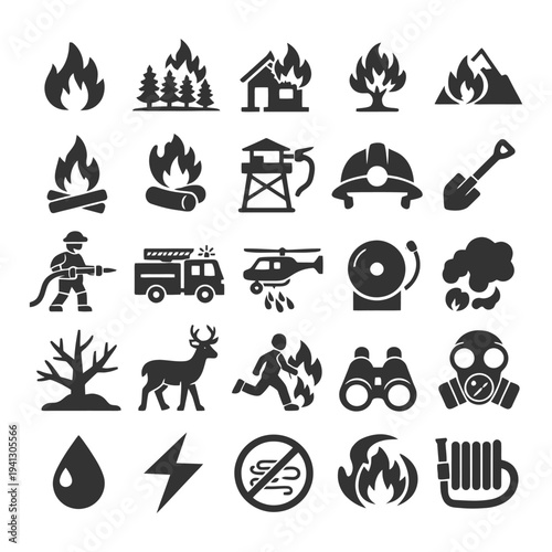 Fire safety icons set: wildfire prevention and emergency response symbols.