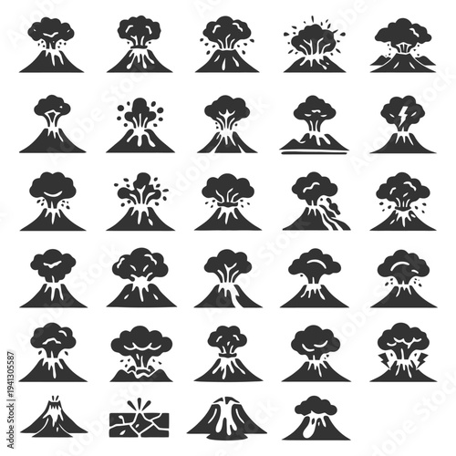 Collection of 25 black volcanic eruption icons with smoke and lava.
