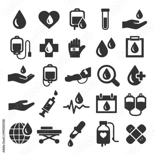 Medical icons of blood donation and healthcare elements.