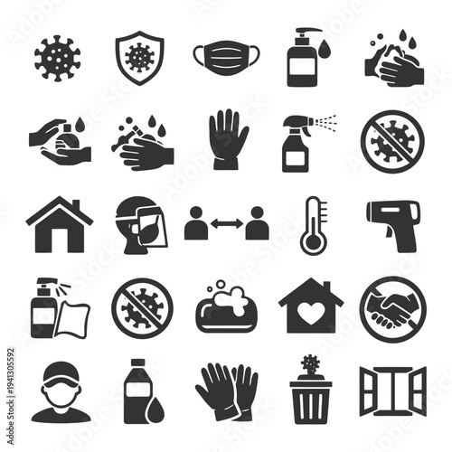 Covid-19 safety icons: masks, sanitizer, social distancing, temperature check, handwashing.