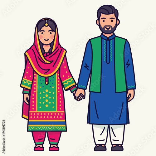 Pakistani couple in traditional attire holding hands, cultural heritage, love and togetherness, ethnic fashion