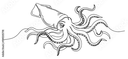 Single continuous line drawing of a giant squid sea creature with long tentacles