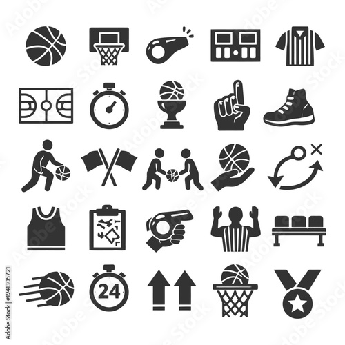 Basketball icons set: equipment, court, players, referee, strategies.