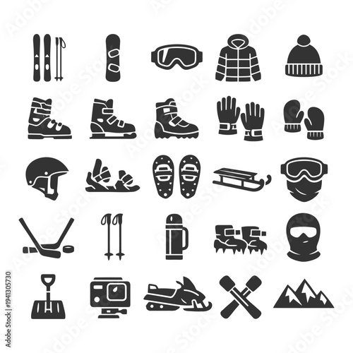Winter sports equipment icons: skiing, snowboarding, and ice skating gear.