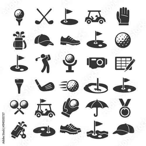 Golf icon set: clubs, cart, ball, flag, and accessories in black and white.
