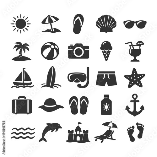 Beach vacation icons set: summer symbols including sun, palm, and shell.