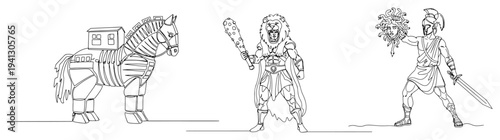Continuous line drawing of Greek mythology figures featuring Trojan Horse Hercules with club and Perseus with Medusa head