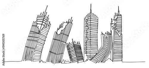 Single continuous line drawing of ruined skyscrapers and a destroyed city skyline for post-apocalyptic themes