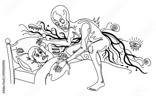 Surreal line art illustration of a person experiencing a terrifying nightmare or sleep paralysis