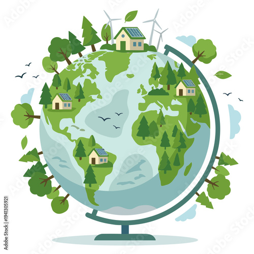 A globe showcases sustainable homes and renewable energy sources surrounded by lush greenery and trees on a scenic landscape.