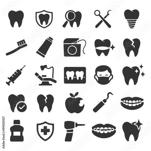 Dental care icons collection: tools, teeth, hygiene, and health symbols.