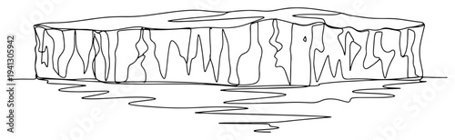 Continuous one line drawing of a large iceberg or ice shelf floating in the cold ocean water