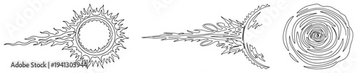 Set of celestial line art symbols featuring a sun moon and swirling galaxy vortex