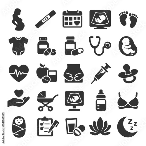 Pregnancy and baby care icons: health, medicine, motherhood, baby, care, development, nutrition.