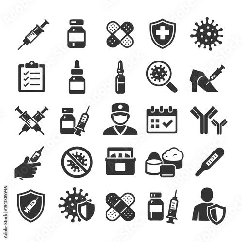 Medical and vaccination icons collection featuring syringes, masks, and virus symbols.