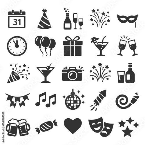 Celebration icons: party, drinks, and festive symbols for events.