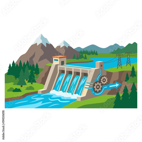 A hydroelectric dam generates power in a scenic mountain landscape with a river and trees.