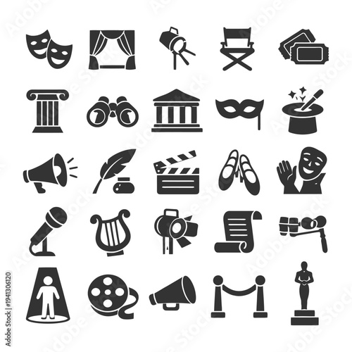 Various theater and film icons representing arts entertainment and performance elements.