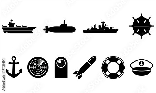 Navy warfare icons set with submarine ship anchor radar torpedo life preserver