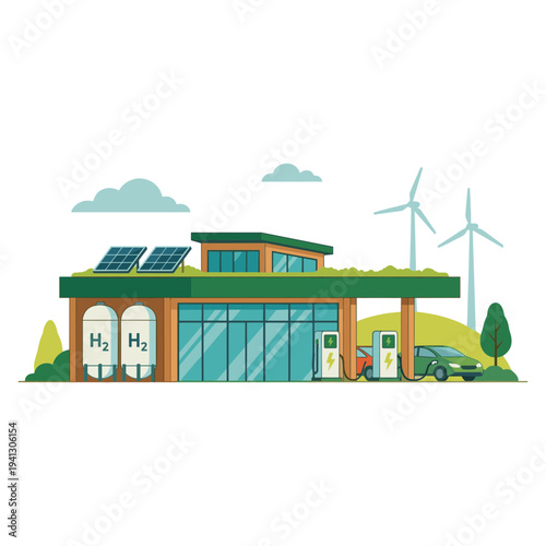 A green building with solar panels and wind turbines provides hydrogen fuel for an electric car on a sunny day.