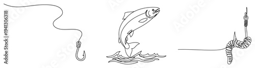 Continuous one line drawing of a fishing set including a hook jumping fish and worm on lure