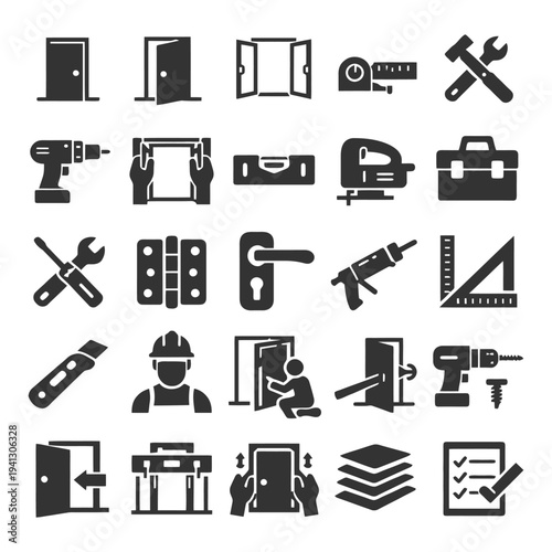 Home improvement icons: tools, doors, construction, and measurements collection.