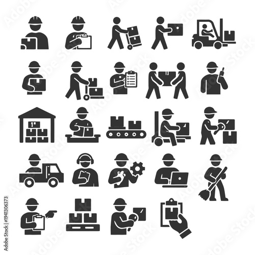Warehouse worker icons and logistics operations illustrations.