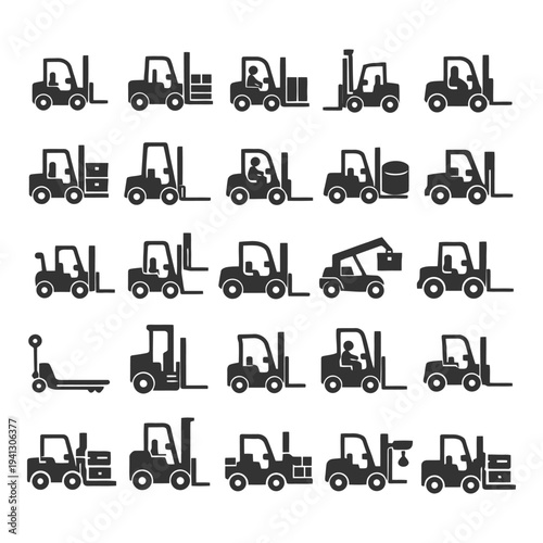 Collection of forklift icons in various positions and actions.