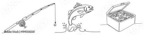 Minimalist line art illustration of fishing gear with a jumping trout and a portable cooler box full of fish