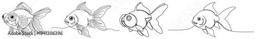 Set of goldfish illustrations in minimalist single line art style swimming in a row