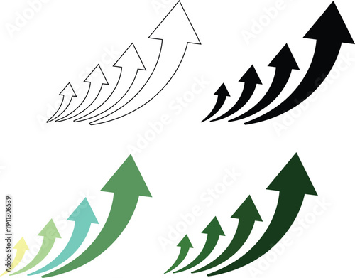 Collection of colorful and monochromatic arrows pointing upwards in varying sizes