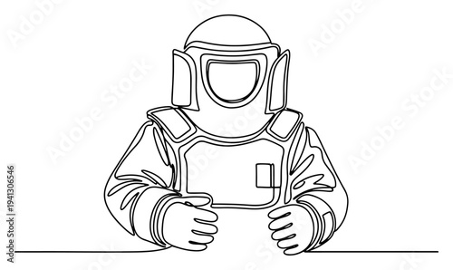 Continuous line drawing of a bomb disposal technician wearing a heavy protective EOD suit