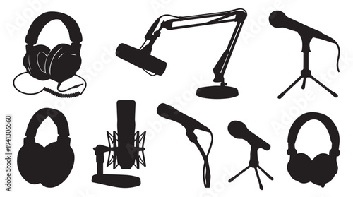 Microphones and Headphones Set in Simple Flat Design with Black Silhouettes on White Background for Podcasting and Audio Recording
