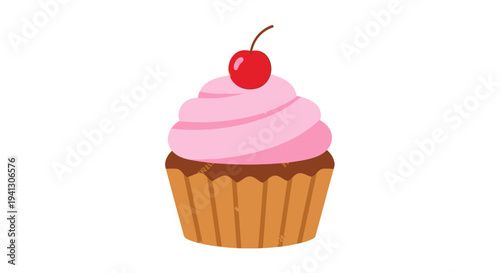 Delicious cupcake with pink frosting and a cherry on top against white